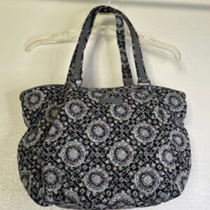 Vera Bradley Tote Bag Shoulder Purse Zip Top Black & Blue Floral Design EUC